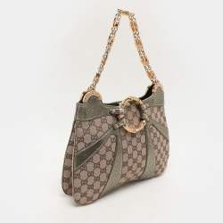 Pre Owned Gucci Beige/Metallic Green Canvas and Leather Bamboo Ring Tote