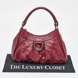 Pre Owned Gucci Dark Red Embossed Horsebit Leather Hobo