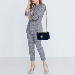 Pre Owned Gucci Navy Blue Matelassé Velvet and Leather Small GG Marmont Shoulder Bag