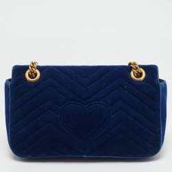 Pre Owned Gucci Navy Blue Matelassé Velvet and Leather Small GG Marmont Shoulder Bag