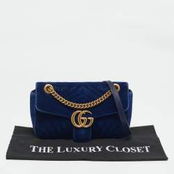 Pre Owned Gucci Navy Blue Matelassé Velvet and Leather Small GG Marmont Shoulder Bag