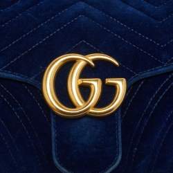 Pre Owned Gucci Navy Blue Matelassé Velvet and Leather Small GG Marmont Shoulder Bag