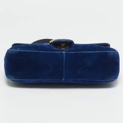Pre Owned Gucci Navy Blue Matelassé Velvet and Leather Small GG Marmont Shoulder Bag