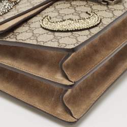 Gucci Beige GG Supreme Canvas and Suede Medium Crystals Embellished Dionysus Shoulder Bag