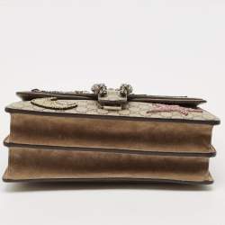 Gucci Beige GG Supreme Canvas and Suede Medium Crystals Embellished Dionysus Shoulder Bag