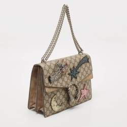 Gucci Beige GG Supreme Canvas and Suede Medium Crystals Embellished Dionysus Shoulder Bag