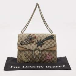 Gucci Beige GG Supreme Canvas and Suede Medium Crystals Embellished Dionysus Shoulder Bag