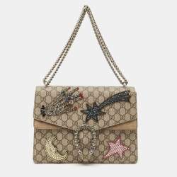 Gucci Beige GG Supreme Canvas and Suede Medium Crystals Embellished Dionysus Shoulder Bag