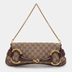 Pre Owned Gucci Beige/Burgundy GG Canvas and Leather Horsebit Clutch