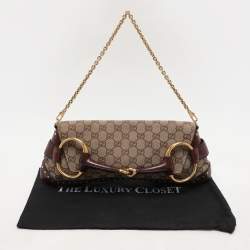 Pre Owned Gucci Beige/Burgundy GG Canvas and Leather Horsebit Clutch