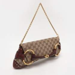 Pre Owned Gucci Beige/Burgundy GG Canvas and Leather Horsebit Clutch