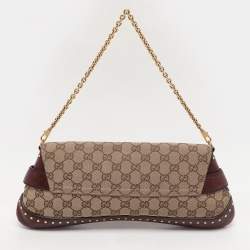 Pre Owned Gucci Beige/Burgundy GG Canvas and Leather Horsebit Clutch