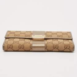 Pre Owned Gucci Beige/Brown GG Canvas and Leather Flap Continental Wallet