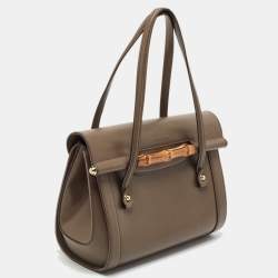 Pre Owned Gucci Taupe Grey Leather Medium New Bullet Bamboo Bag