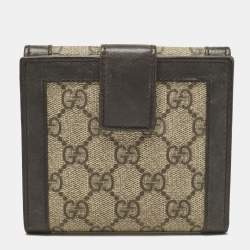 Pre Owned Gucci Brown/Beige GG Supreme Canvas and Leather Logo Flap French Wallet
