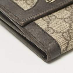Pre Owned Gucci Brown/Beige GG Supreme Canvas and Leather Logo Flap French Wallet
