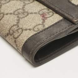 Pre Owned Gucci Brown/Beige GG Supreme Canvas and Leather Logo Flap French Wallet
