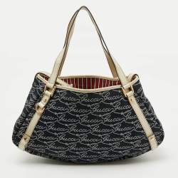 Pre Owned Gucci Navy Blue/White Canvas and Leather Signature Abbey Hobo