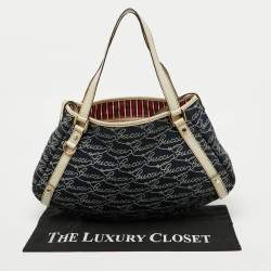 Pre Owned Gucci Navy Blue/White Canvas and Leather Signature Abbey Hobo