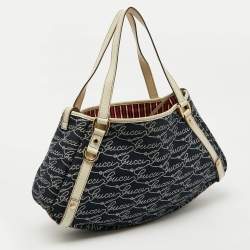 Pre Owned Gucci Navy Blue/White Canvas and Leather Signature Abbey Hobo
