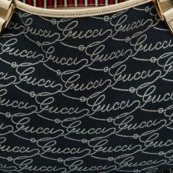 Pre Owned Gucci Navy Blue/White Canvas and Leather Signature Abbey Hobo