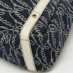 Pre Owned Gucci Navy Blue/White Canvas and Leather Signature Abbey Hobo
