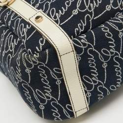 Pre Owned Gucci Navy Blue/White Canvas and Leather Signature Abbey Hobo