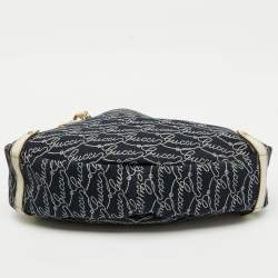 Pre Owned Gucci Navy Blue/White Canvas and Leather Signature Abbey Hobo