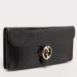 Pre Owned Gucci Black Crocodile Interlocking G Long Clutch