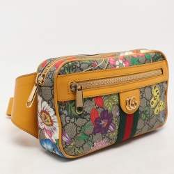 Pre Owned Gucci Yellow GG Supreme Canvas and Leather Ophidia Flora Belt Bag