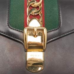 Gucci Black Leather Mini Web Chain Sylvie Shoulder Bag