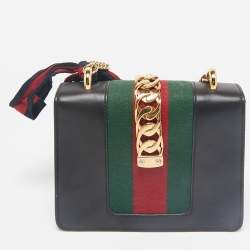 Gucci Black Leather Mini Web Chain Sylvie Shoulder Bag