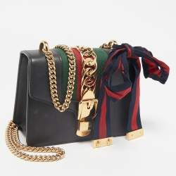 Gucci Black Leather Mini Web Chain Sylvie Shoulder Bag