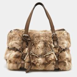 Gucci Beige/Brown Leather and Rabbit Fur 85th Anniversary Handle Bag
