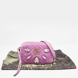 Pre Owned Gucci Pink Matelassé Velvet Mini Faux Diamond GG Marmont Camera Bag