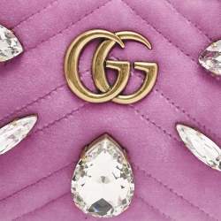 Pre Owned Gucci Pink Matelassé Velvet Mini Faux Diamond GG Marmont Camera Bag