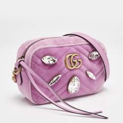 Pre Owned Gucci Pink Matelassé Velvet Mini Faux Diamond GG Marmont Camera Bag