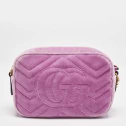 Pre Owned Gucci Pink Matelassé Velvet Mini Faux Diamond GG Marmont Camera Bag