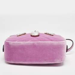 Pre Owned Gucci Pink Matelassé Velvet Mini Faux Diamond GG Marmont Camera Bag