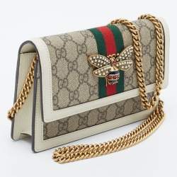 Gucci White/Beige GG Supreme Canvas Web Queen Margaret Wallet On Chain