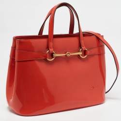 Pre Owned Gucci Orange Patent Leather Medium Bright Bit Tote