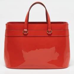 Pre Owned Gucci Orange Patent Leather Medium Bright Bit Tote
