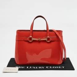 Pre Owned Gucci Orange Patent Leather Medium Bright Bit Tote