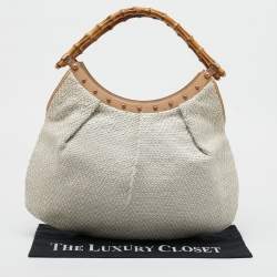 Gucci White/Beige Woven Leather Bamboo Handle Hobo