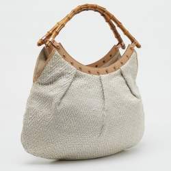 Gucci White/Beige Woven Leather Bamboo Handle Hobo