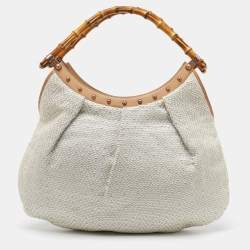 Gucci White/Beige Woven Leather Bamboo Handle Hobo