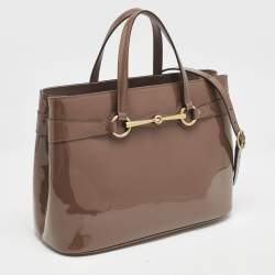 Gucci Dark Beige Patent Leather Medium Bright Bit Tote