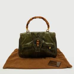Pre Owned Gucci Green Python Heritage Foldover Bamboo Top Handle Bag