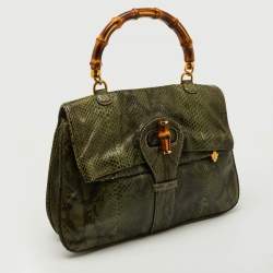 Pre Owned Gucci Green Python Heritage Foldover Bamboo Top Handle Bag