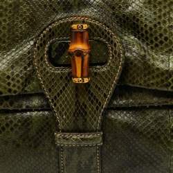 Pre Owned Gucci Green Python Heritage Foldover Bamboo Top Handle Bag